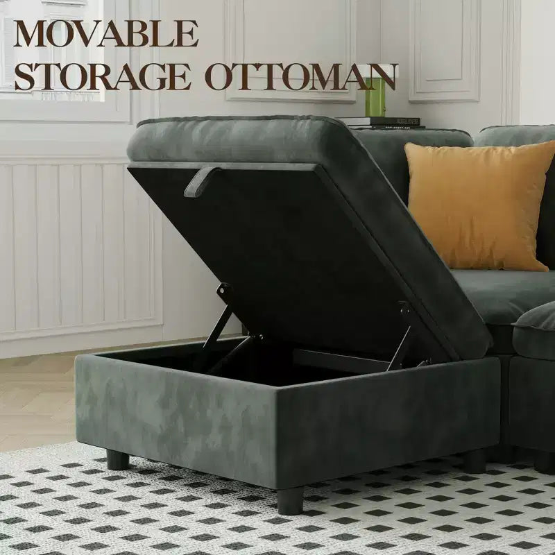 Divano, sedia modulare centrale con pouf senza braccioli velluto seduta profonda cuscini decorativi