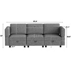 Divano Lounge Sezionale Divano 222 cm Larghezza, Bracciolo + 3 Moduli Centrali, Seduta Profonda 84 cm, Schienale 68 cm, Connettori a Scatto Senza Utensili per Soggiorno, Grigio