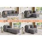 Divano Lounge Sezionale Divano 222 cm Larghezza, Bracciolo + 3 Moduli Centrali, Seduta Profonda 84 cm, Schienale 68 cm, Connettori a Scatto Senza Utensili per Soggiorno, Grigio