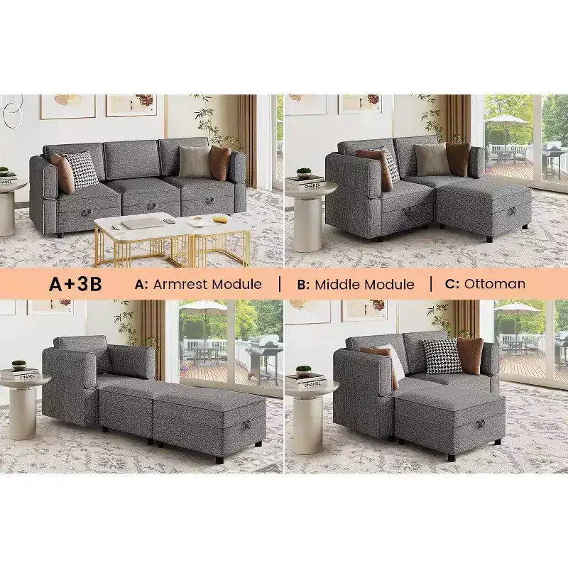 Divano Lounge Sezionale Divano 222 cm Larghezza, Bracciolo + 3 Moduli Centrali, Seduta Profonda 84 cm, Schienale 68 cm, Connettori a Scatto Senza Utensili per Soggiorno, Grigio