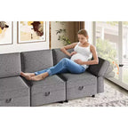 Divano Lounge Sezionale Divano 222 cm Larghezza, Bracciolo + 3 Moduli Centrali, Seduta Profonda 84 cm, Schienale 68 cm, Connettori a Scatto Senza Utensili per Soggiorno, Grigio