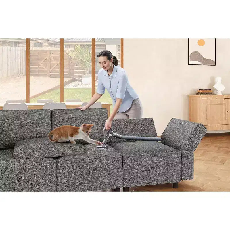 Divano Lounge Sezionale Divano 222 cm Larghezza, Bracciolo + 3 Moduli Centrali, Seduta Profonda 84 cm, Schienale 68 cm, Connettori a Scatto Senza Utensili per Soggiorno, Grigio