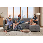 Divano Lounge Sezionale Divano 222 cm Larghezza, Bracciolo + 3 Moduli Centrali, Seduta Profonda 84 cm, Schienale 68 cm, Connettori a Scatto Senza Utensili per Soggiorno, Grigio