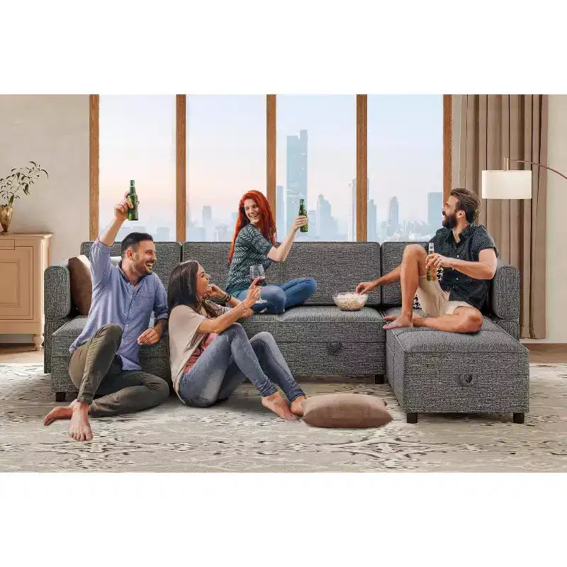 Divano Lounge Sezionale Divano 222 cm Larghezza, Bracciolo + 3 Moduli Centrali, Seduta Profonda 84 cm, Schienale 68 cm, Connettori a Scatto Senza Utensili per Soggiorno, Grigio