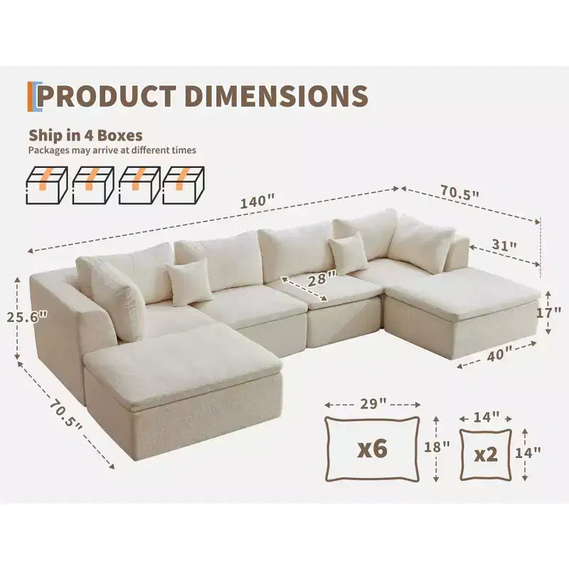 Divano componibile modulare 140 a U, divano "Cloud Boneless" con doppio chaise longue/ottoman e cuscini in memory foam in ciniglia per il soggiorno