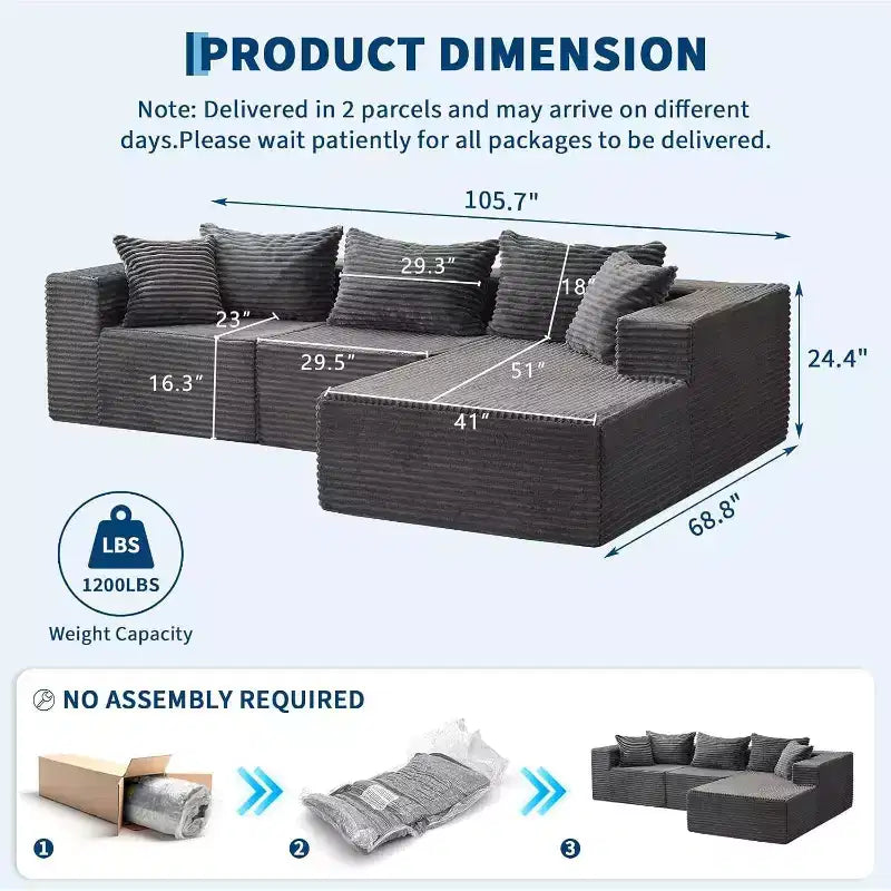 Acekool Divano modulare sezionale Cloud da 274 cm con chaise longue, morbido divano a L senza struttura per soggiorno