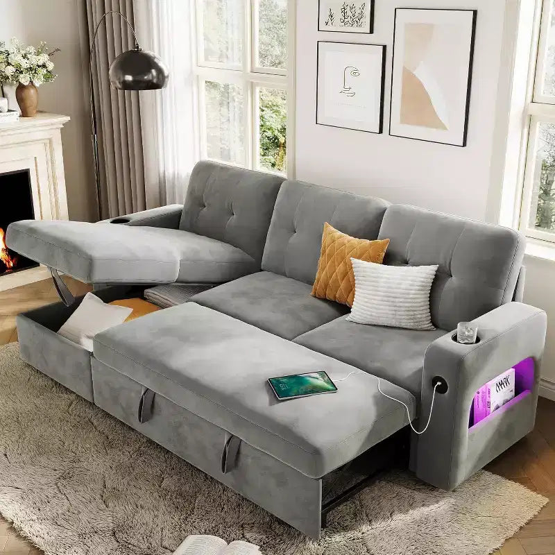 Divano letto estraibile Acekool da 84 pollici a forma di L con contenitore e sezione moderna per soggiorno
