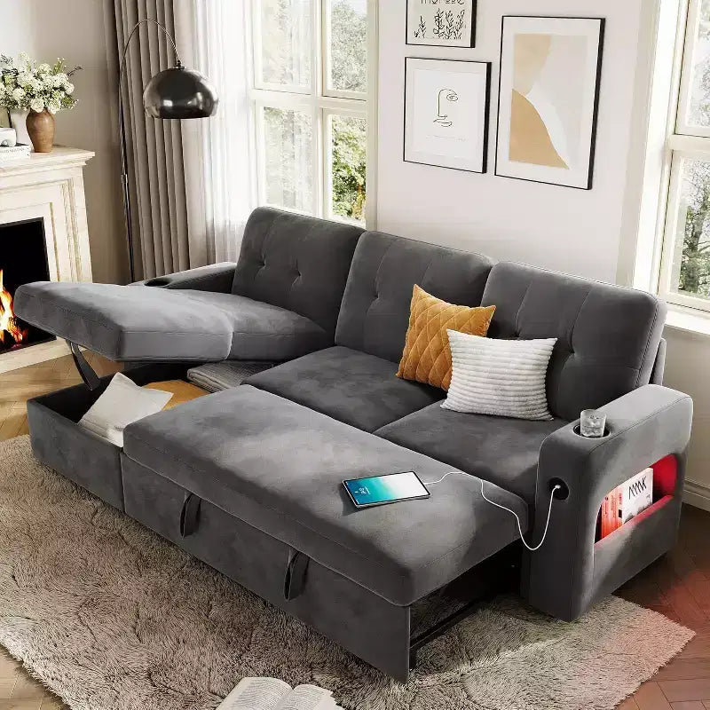 Divano letto estraibile Acekool da 84 pollici a forma di L con contenitore e sezione moderna per soggiorno