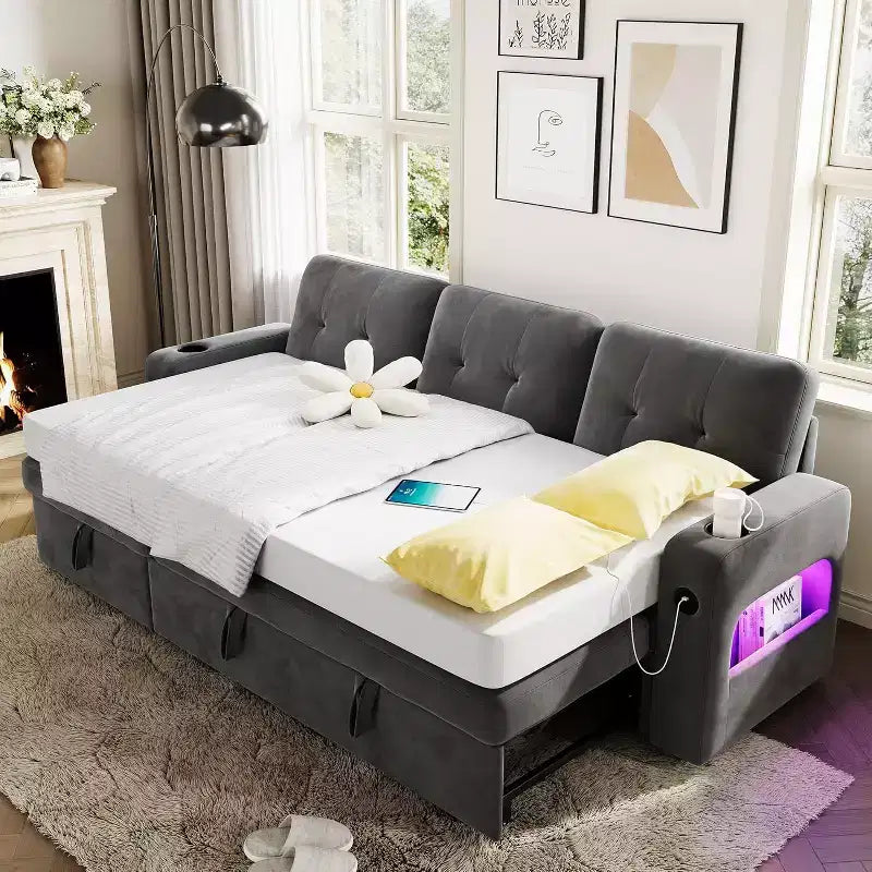 Divano letto estraibile Acekool da 84 pollici a forma di L con contenitore e sezione moderna per soggiorno