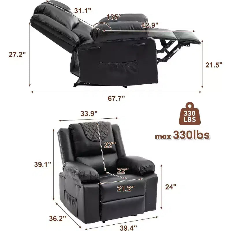 Poltrona reclinabile manuale Acekool, massaggio e riscaldamento, regolabile a 135°, tasche laterali, per soggiorno e camera da letto