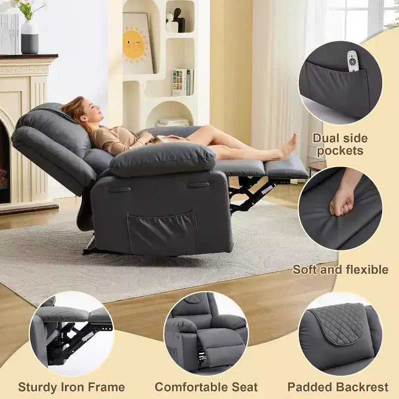 Poltrona reclinabile manuale Acekool, massaggio e riscaldamento, regolabile a 135°, tasche laterali, per soggiorno e camera da letto