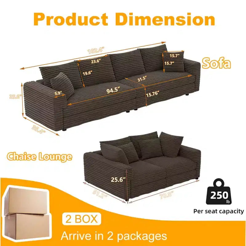 MAYEERTY Divano a 4 posti in ciniglia a coste 102.4 con morbidi cuscini, divano convertibile a seduta profonda con chaise longue per soggiorno, beige