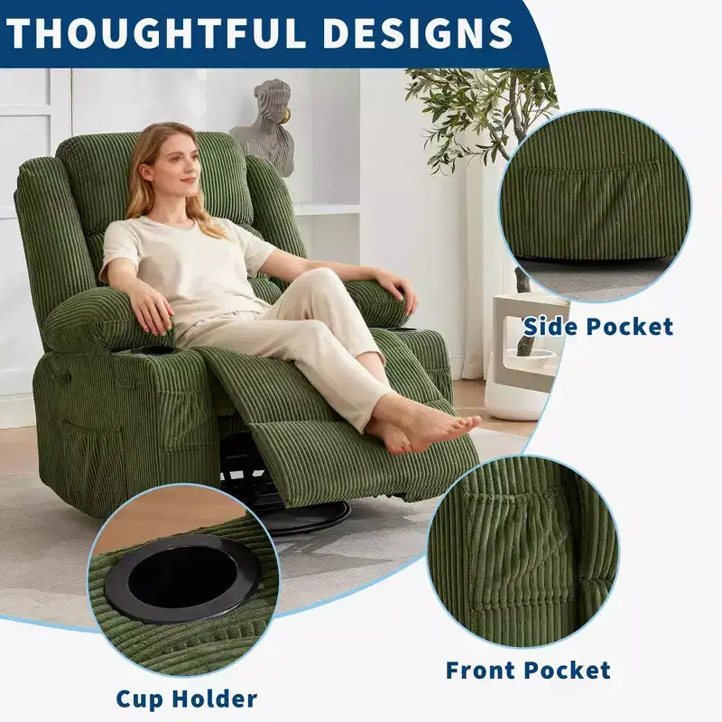 Poltrona Reclinabile Girevole a 360 Gradi con Dondolo, Manuale con 3 Posizioni, 2 Portabicchieri, 4 Tasche per Adulti, per Cameretta, Salotto, Camera da Letto