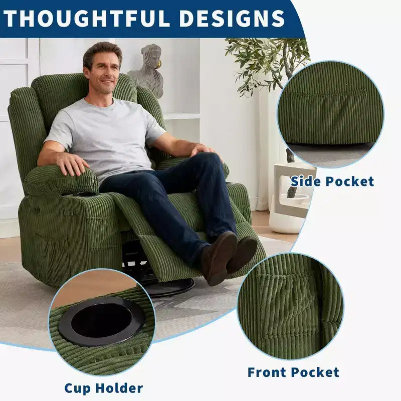 Poltrona Reclinabile Girevole a 360 Gradi con Dondolo, Manuale con 3 Posizioni, 2 Portabicchieri, 4 Tasche per Adulti, per Cameretta, Salotto, Camera da Letto