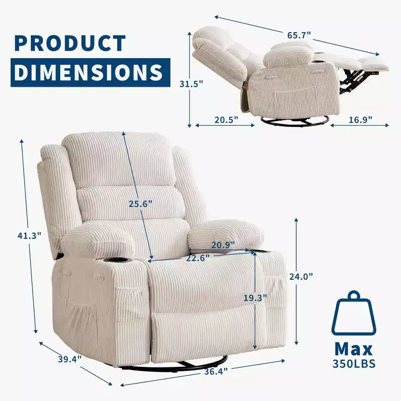 Poltrona Reclinabile Girevole a 360 Gradi con Dondolo, Manuale con 3 Posizioni, 2 Portabicchieri, 4 Tasche per Adulti, per Cameretta, Salotto, Camera da Letto