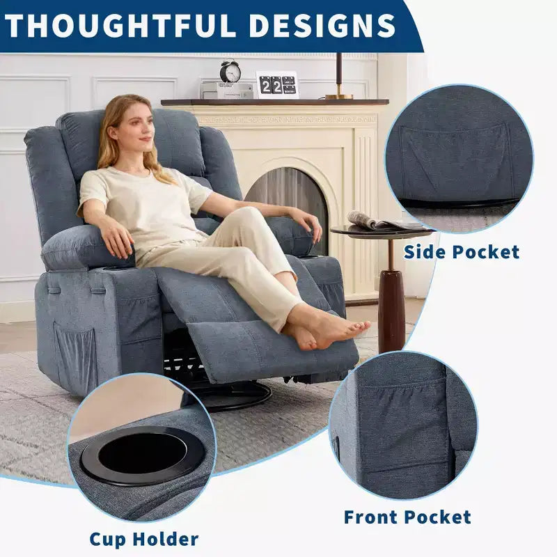 Poltrona Reclinabile Girevole a 360 Gradi con Dondolo, Manuale con 3 Posizioni, 2 Portabicchieri, 4 Tasche per Adulti, per Cameretta, Salotto, Camera da Letto