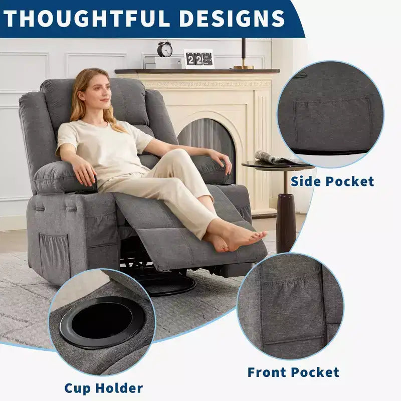 Poltrona Reclinabile Girevole a 360 Gradi con Dondolo, Manuale con 3 Posizioni, 2 Portabicchieri, 4 Tasche per Adulti, per Cameretta, Salotto, Camera da Letto
