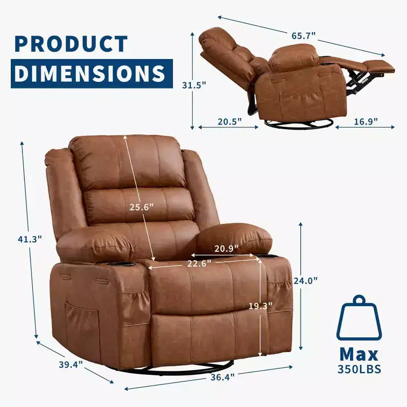 Poltrona Reclinabile Girevole a 360 Gradi con Dondolo, Manuale con 3 Posizioni, 2 Portabicchieri, 4 Tasche per Adulti, per Cameretta, Salotto, Camera da Letto