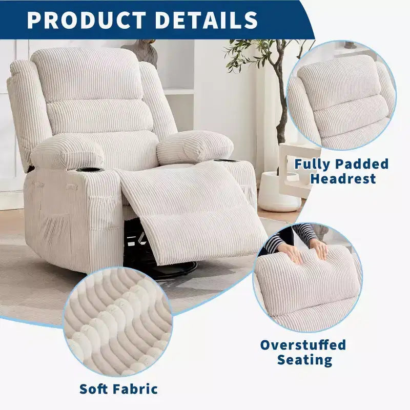 Poltrona Reclinabile Girevole a 360 Gradi con Dondolo, Manuale con 3 Posizioni, 2 Portabicchieri, 4 Tasche per Adulti, per Cameretta, Salotto, Camera da Letto