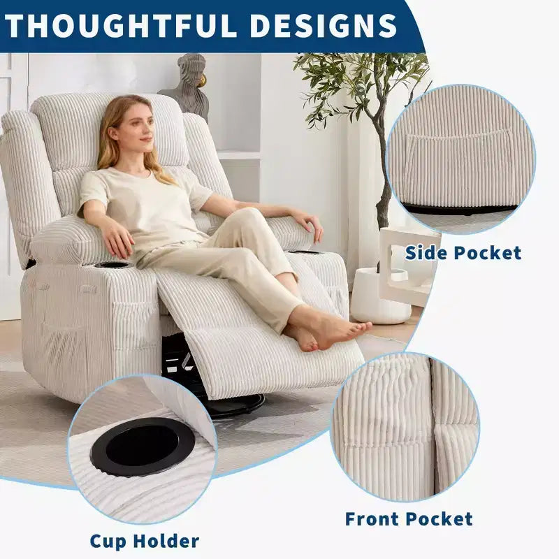 Poltrona Reclinabile Girevole a 360 Gradi con Dondolo, Manuale con 3 Posizioni, 2 Portabicchieri, 4 Tasche per Adulti, per Cameretta, Salotto, Camera da Letto