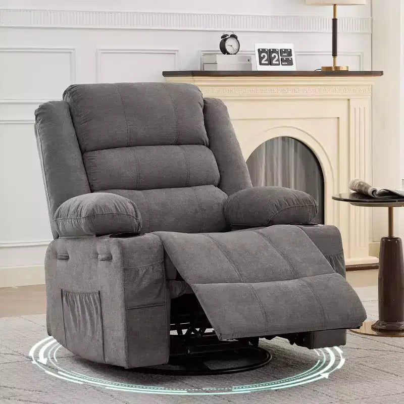 Poltrona Reclinabile Girevole a 360 Gradi con Dondolo, Manuale con 3 Posizioni, 2 Portabicchieri, 4 Tasche per Adulti, per Cameretta, Salotto, Camera da Letto