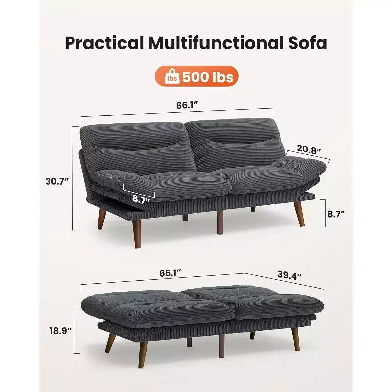 Divano Letto Futon in Velluto a Coste da 66 Pollici Convertibile con Schienale e Braccioli Regolabili, per Soggiorni di Piccole Dimensioni, Appartamenti, Camere degli Ospiti o Uffici, Grigio