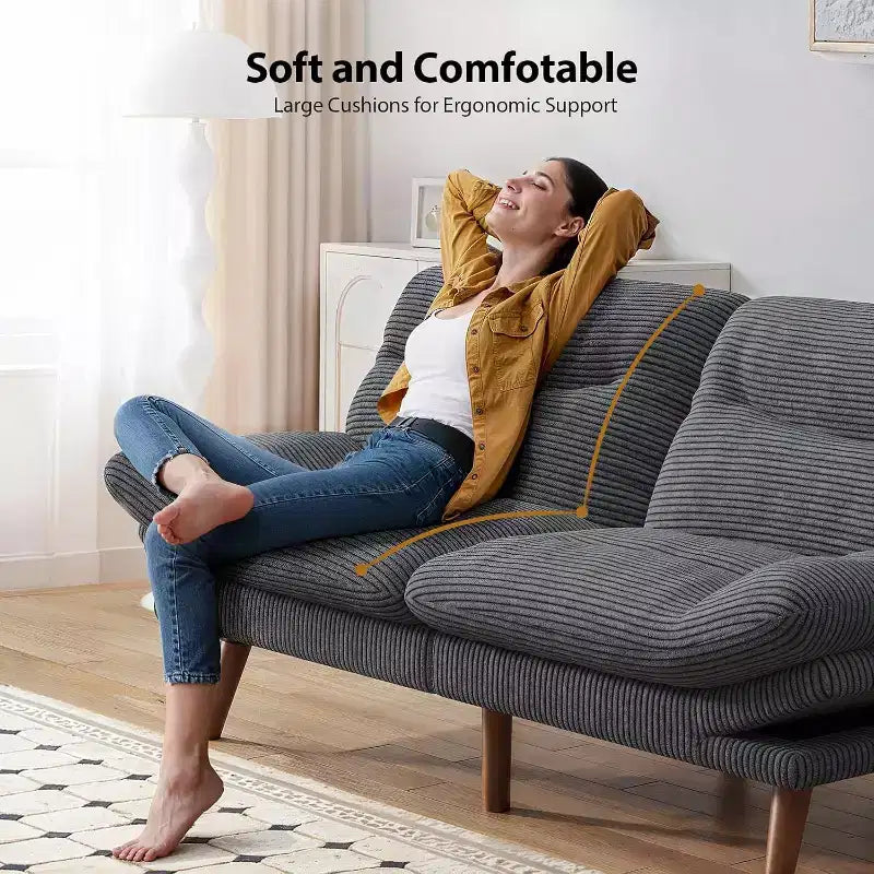 Divano Letto Futon in Velluto a Coste da 66 Pollici Convertibile con Schienale e Braccioli Regolabili, per Soggiorni di Piccole Dimensioni, Appartamenti, Camere degli Ospiti o Uffici, Grigio