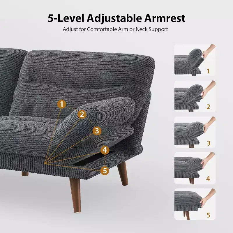 Divano Letto Futon in Velluto a Coste da 66 Pollici Convertibile con Schienale e Braccioli Regolabili, per Soggiorni di Piccole Dimensioni, Appartamenti, Camere degli Ospiti o Uffici, Grigio