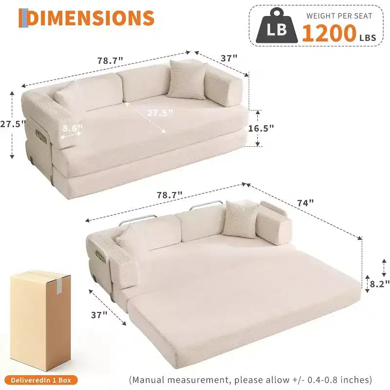 Divano Letto Convertibile, Divano Letto Pieghevole 5-in-1 con Struttura Fissa e Braccioli Rimovibili, Divano Futon Modulare in Velluto a Coste per Piccoli Spazi