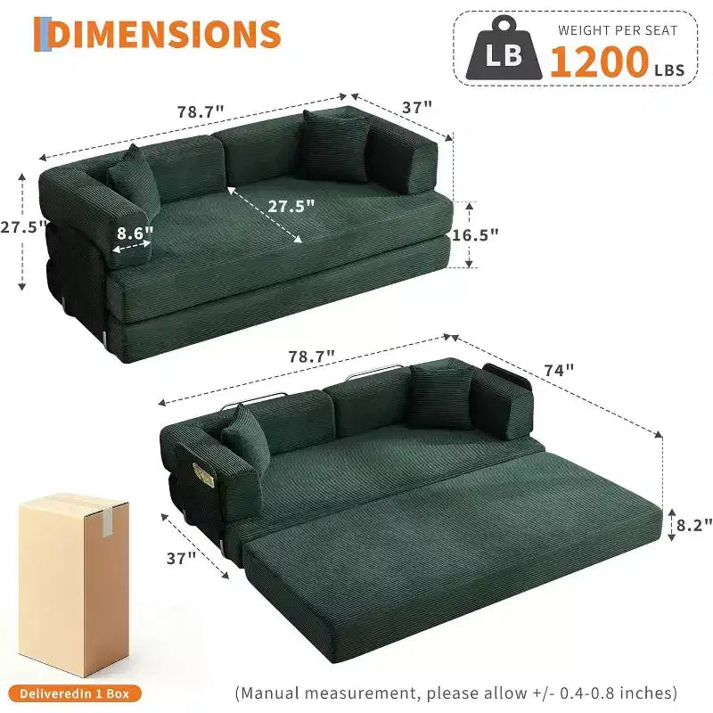 Divano Letto Convertibile, Divano Letto Pieghevole 5-in-1 con Struttura Fissa e Braccioli Rimovibili, Divano Futon Modulare in Velluto a Coste per Piccoli Spazi