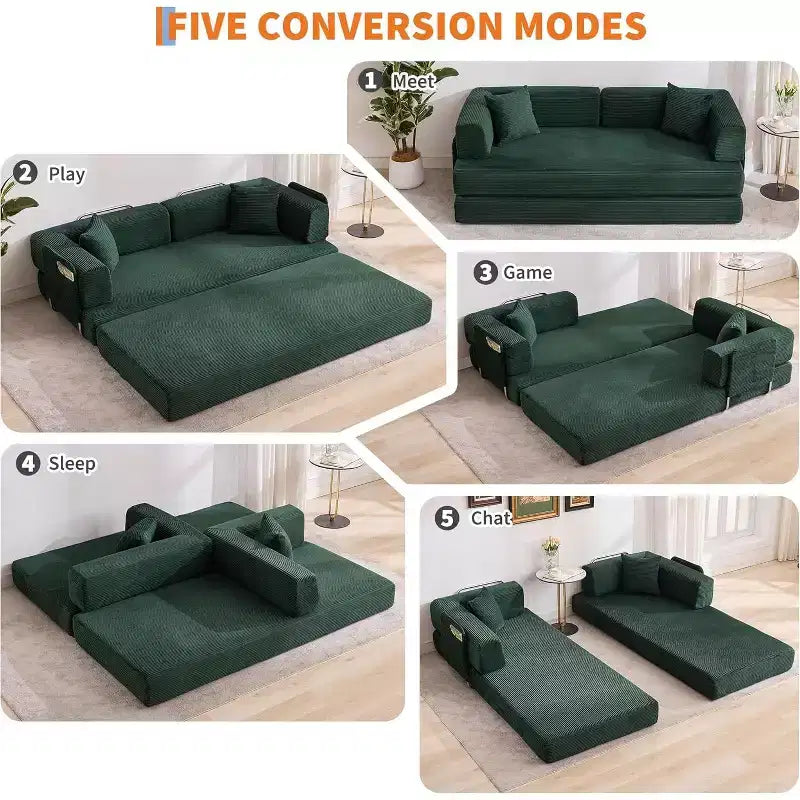 Divano Letto Convertibile, Divano Letto Pieghevole 5-in-1 con Struttura Fissa e Braccioli Rimovibili, Divano Futon Modulare in Velluto a Coste per Piccoli Spazi