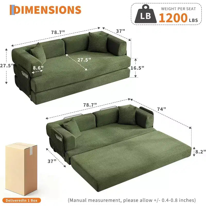 Divano Letto Convertibile, Divano Letto Pieghevole 5-in-1 con Struttura Fissa e Braccioli Rimovibili, Divano Futon Modulare in Velluto a Coste per Piccoli Spazi