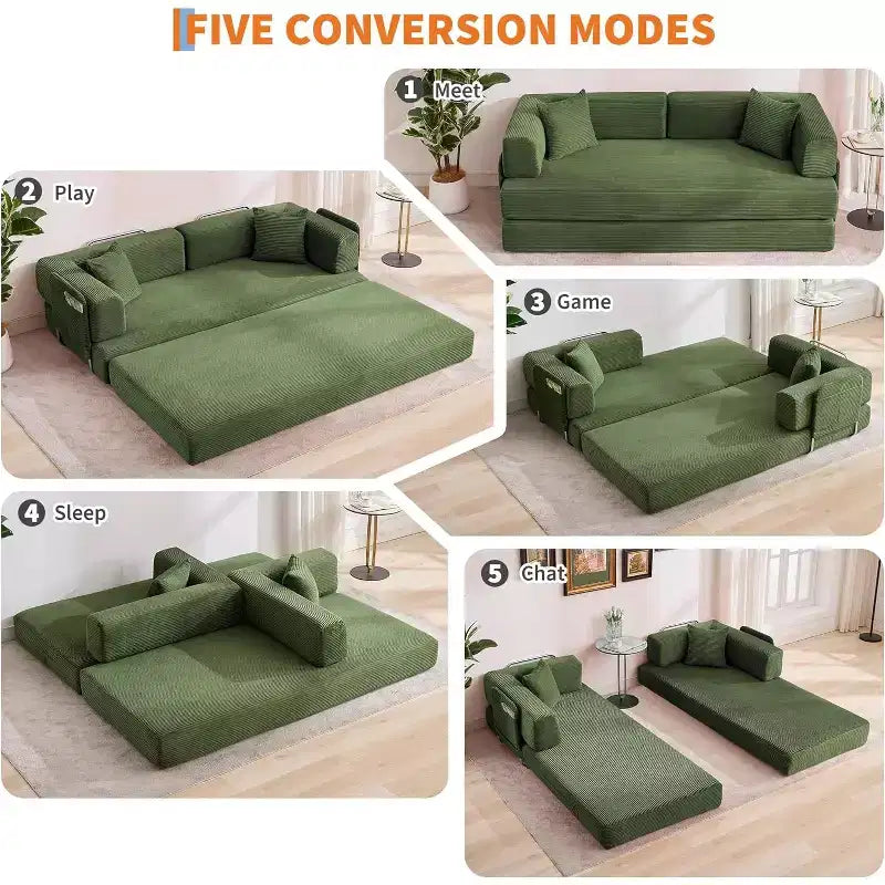 Divano Letto Convertibile, Divano Letto Pieghevole 5-in-1 con Struttura Fissa e Braccioli Rimovibili, Divano Futon Modulare in Velluto a Coste per Piccoli Spazi