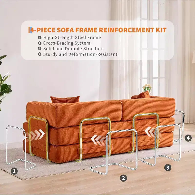Divano Letto Convertibile, Divano Letto Pieghevole 5-in-1 con Struttura Fissa e Braccioli Rimovibili, Divano Futon Modulare in Velluto a Coste per Piccoli Spazi