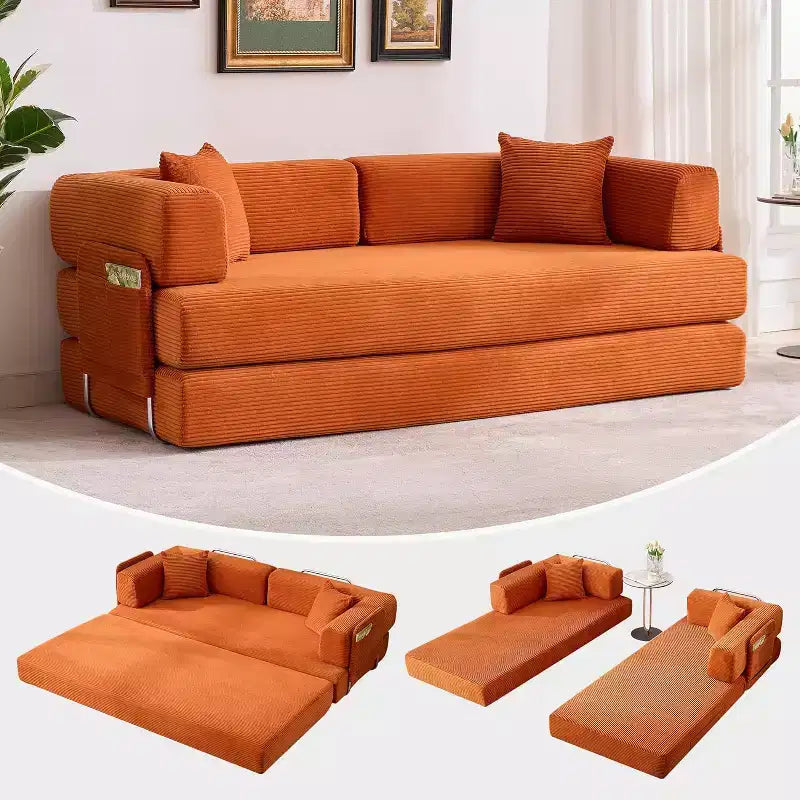 Divano Letto Convertibile, Divano Letto Pieghevole 5-in-1 con Struttura Fissa e Braccioli Rimovibili, Divano Futon Modulare in Velluto a Coste per Piccoli Spazi