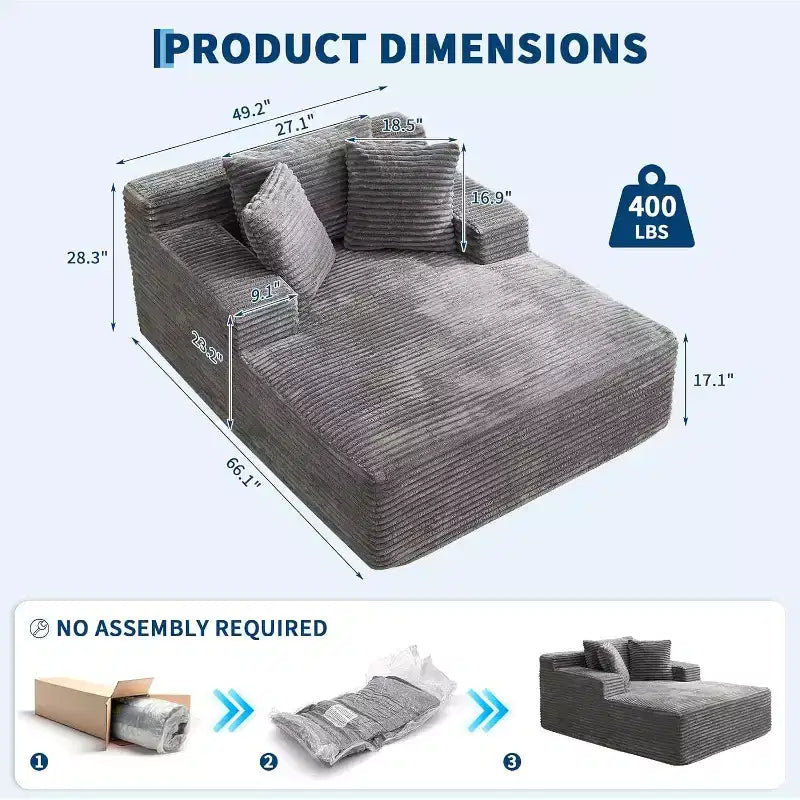 Poltrona divano senza struttura Cloud-Like 67x50x29, chaise longue oversize in velluto a coste con seduta profonda, divano letto, per soggiorno e camera da letto