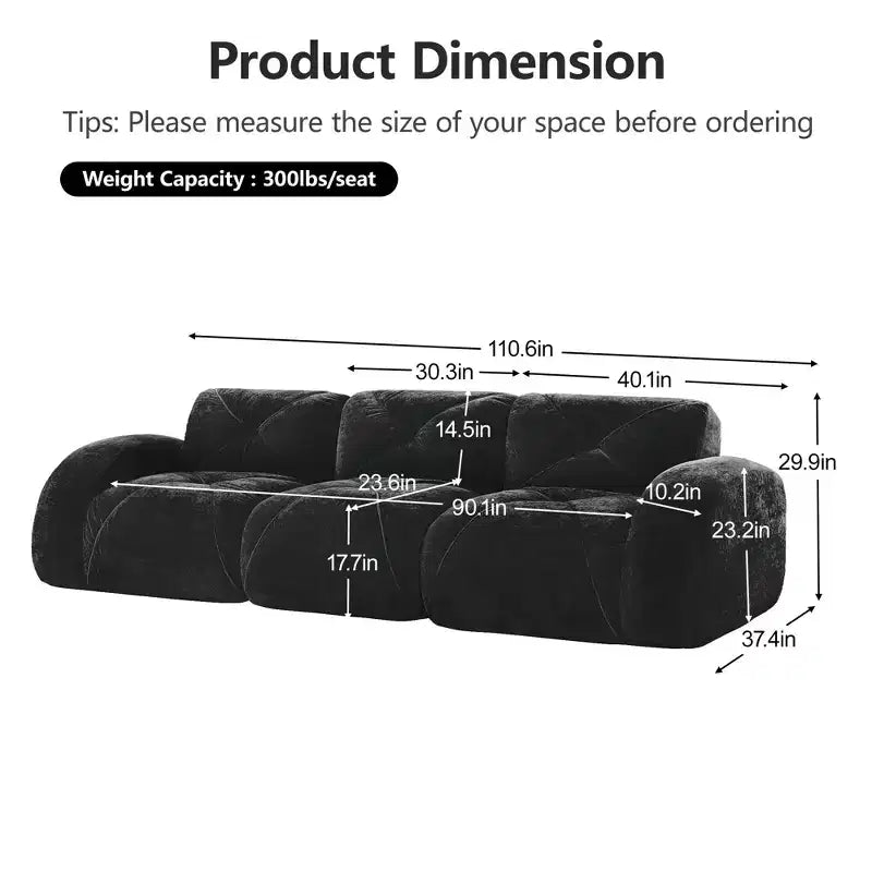 Divano senza struttura Clihome 110 con trapuntatura, tessuto in morbido velluto, divano componibile, spugna ad alta densità 32D, design antiscivolo, design ergonomico della base