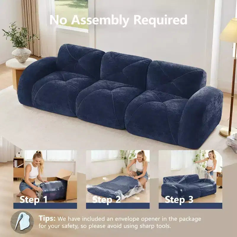 Divano senza struttura Clihome 110 con trapuntatura, tessuto in morbido velluto, divano componibile, spugna ad alta densità 32D, design antiscivolo, design ergonomico della base