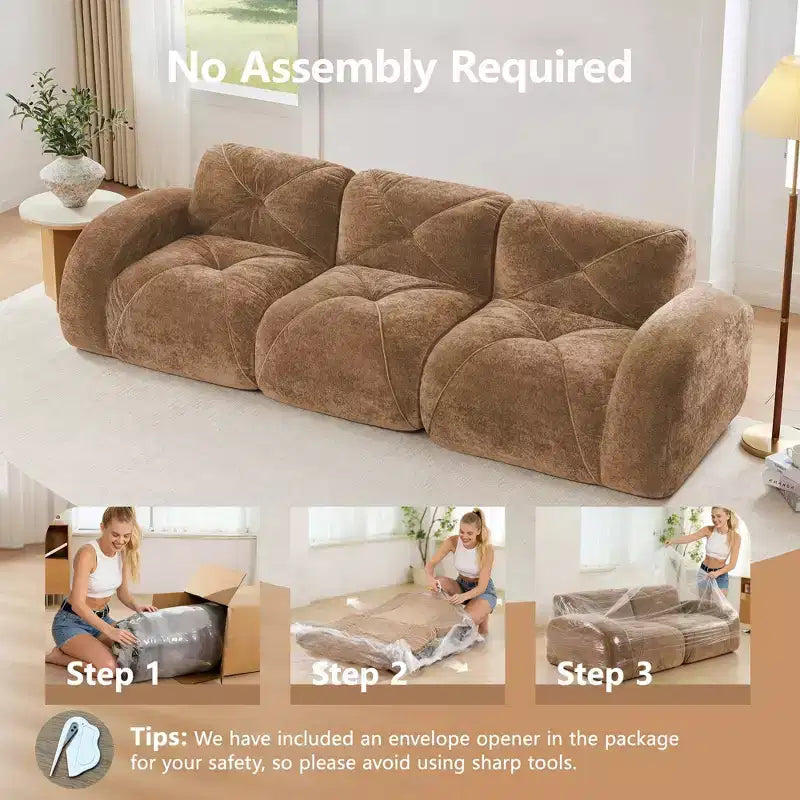 Divano senza struttura Clihome 110 con trapuntatura, tessuto in morbido velluto, divano componibile, spugna ad alta densità 32D, design antiscivolo, design ergonomico della base