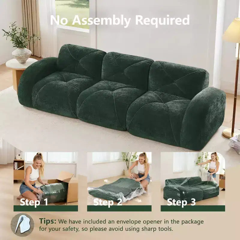 Divano senza struttura Clihome 110 con trapuntatura, tessuto in morbido velluto, divano componibile, spugna ad alta densità 32D, design antiscivolo, design ergonomico della base