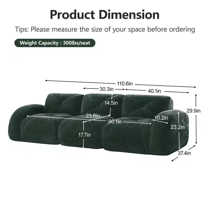 Divano senza struttura Clihome 110 con trapuntatura, tessuto in morbido velluto, divano componibile, spugna ad alta densità 32D, design antiscivolo, design ergonomico della base