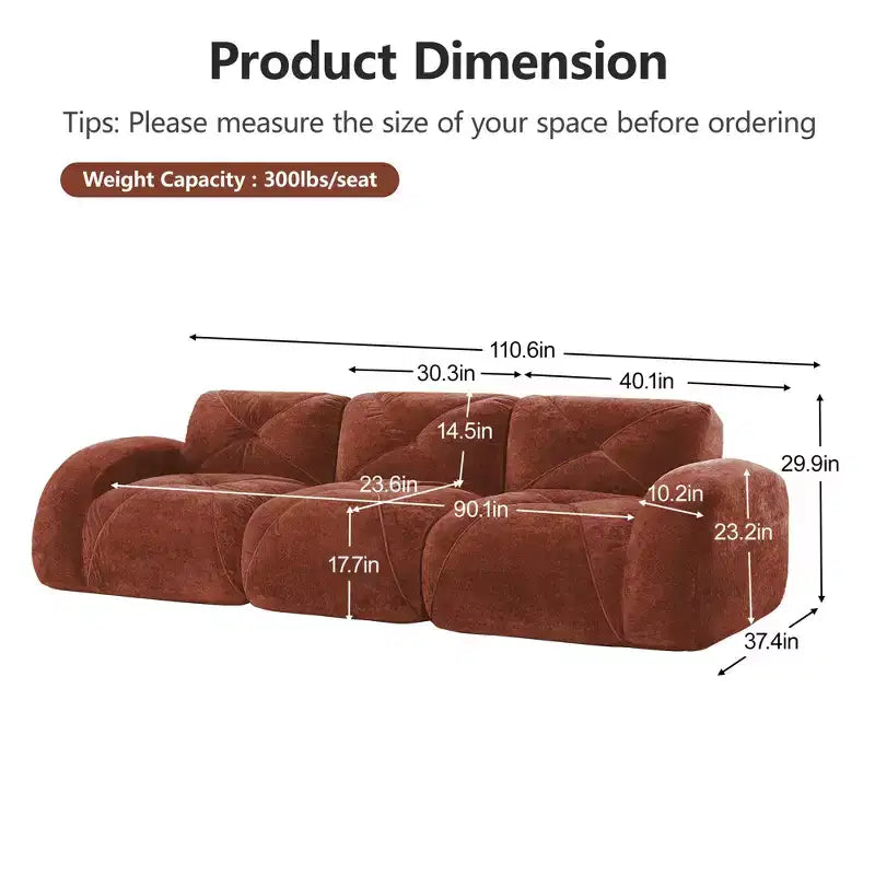 Divano senza struttura Clihome 110 con trapuntatura, tessuto in morbido velluto, divano componibile, spugna ad alta densità 32D, design antiscivolo, design ergonomico della base