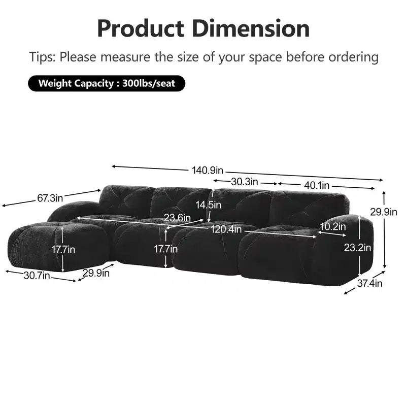 Clihome Tessuto morbido in velluto a forma di L, fondo in spugna ad alta densità 32D, fondo dal design ergonomico, design antiscivolo, combinazione libera, pouf mobile