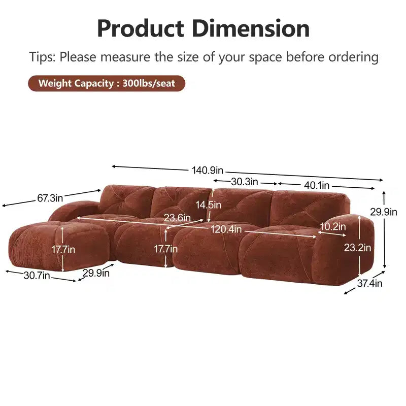 Clihome Tessuto morbido in velluto a forma di L, fondo in spugna ad alta densità 32D, fondo dal design ergonomico, design antiscivolo, combinazione libera, pouf mobile