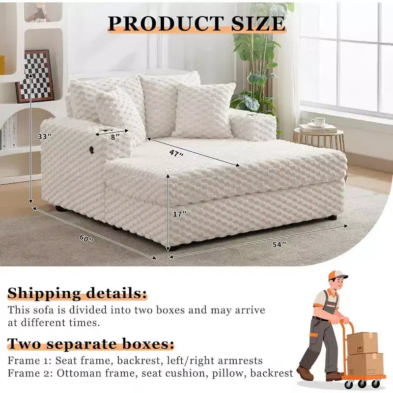 Poltrona Chaise Longue Oversize, poltrona imbottita da 60 pollici con cuscini decorativi e braccioli, divano letto moderno per soggiorno, camera da letto
