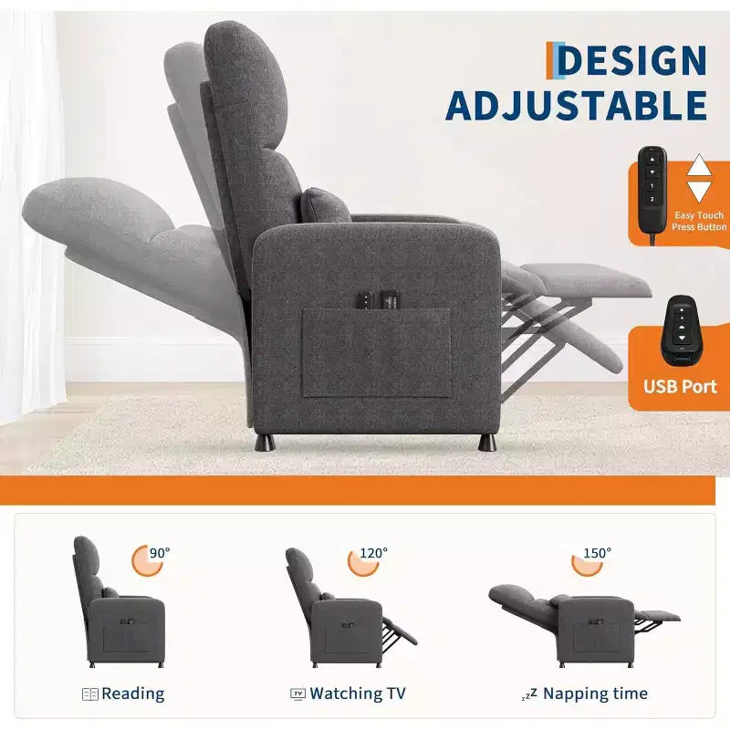 Poltrona Reclinabile Elettrica Acekool per Adulti, Divano Singolo Ergonomico Regolabile Elettricamente, Dondolo Imbottito con Tasche Laterali e Porta di Ricarica USB