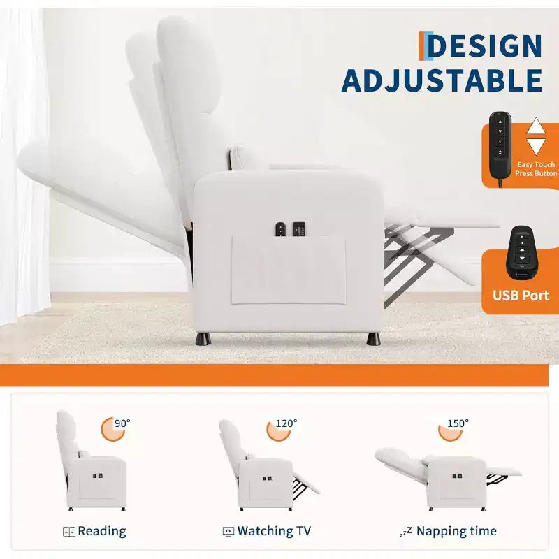 Poltrona Reclinabile Elettrica Acekool per Adulti, Divano Singolo Ergonomico Regolabile Elettricamente, Dondolo Imbottito con Tasche Laterali e Porta di Ricarica USB