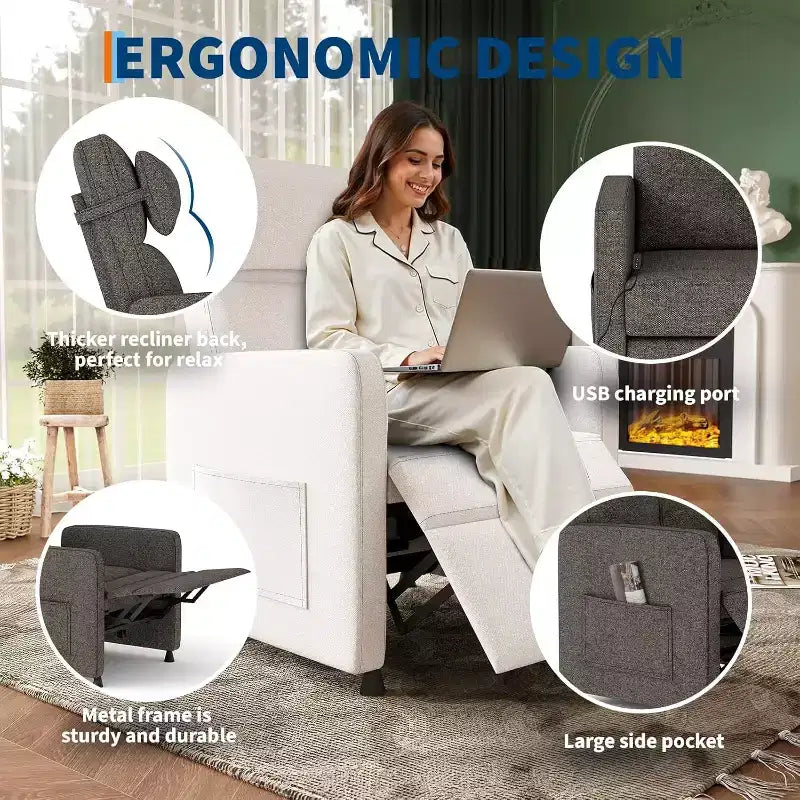 Poltrona Reclinabile Elettrica Acekool per Adulti, Divano Singolo Ergonomico Regolabile Elettricamente, Dondolo Imbottito con Tasche Laterali e Porta di Ricarica USB