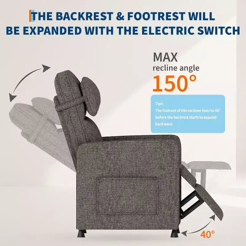 Poltrona Reclinabile Elettrica Acekool per Adulti, Divano Singolo Ergonomico Regolabile Elettricamente, Dondolo Imbottito con Tasche Laterali e Porta di Ricarica USB