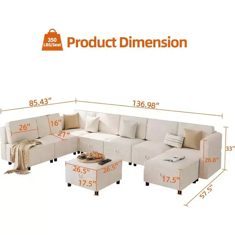 Divano componibile a L Acekool a 9 posti, con pouf contenitore, trasformabile in letto, per soggiorno, camera da letto, beige